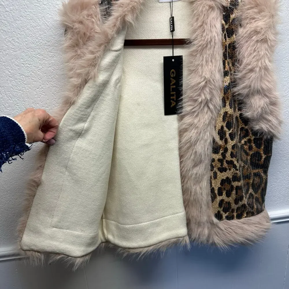 NWT, Women’s One-Size Leopard Sequin Faux Fur Trim Vest, K643 - Picture 7 of 14